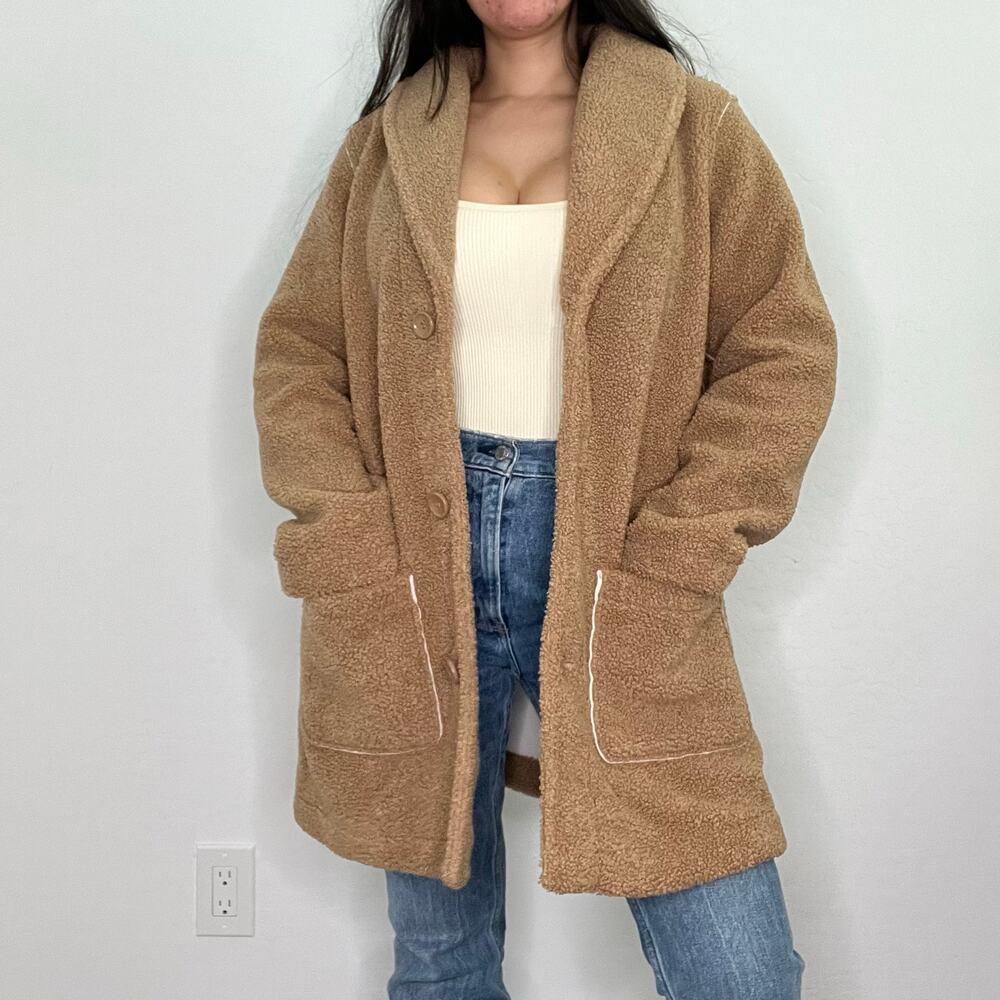 Susan Graver Camel Sherpa Teddy Coat Button Front Jacket Small Shacket - Picture 12 of 12